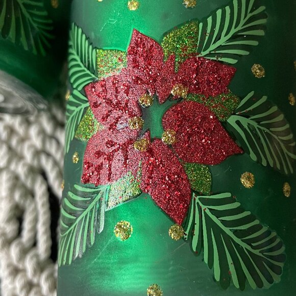 Green Poinsettia Christmas Glass Candle Holder - Picture 2 of 6